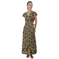 Colorful Modern Geometric Print Pattern Flutter Sleeve Maxi Dress by dflcprintsclothing