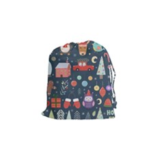 Vector Set Cute Christmas Elements Santa Penguin Deer Bear Fox Owl Trees Snowman Bird Angel More Drawstring Pouch (small) by Vaneshart
