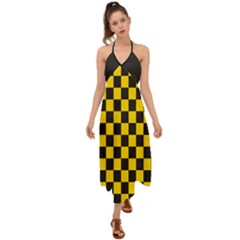 Checkerboard Pattern Black And Yellow Ancap Libertarian Halter Tie Back Dress  by snek