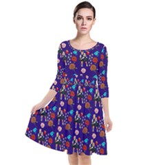 Retro Girls Dress In Black Pattern Blue Quarter Sleeve Waist Band Dress by snowwhitegirl