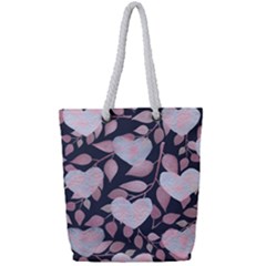 Navy Floral Hearts Full Print Rope Handle Tote (small) by mccallacoulture