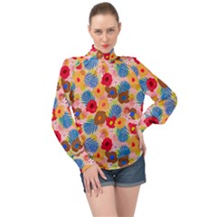 Happy Flowers High Neck Long Sleeve Chiffon Top by fabqa