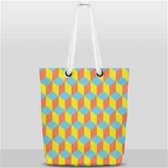 Cube Hexagon Pattern Yellow Blue Full Print Rope Handle Tote (small) by Vaneshart