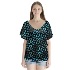 Decorative Flower Nature Abstract V-neck Flutter Sleeve Top by Vaneshart
