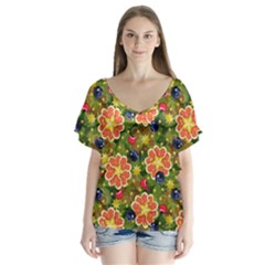 Fruit Star Blueberry Cherry Leaf V-neck Flutter Sleeve Top by Vaneshart