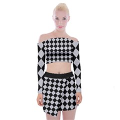Block Fiesta - Cloudy Grey & Black Off Shoulder Top With Mini Skirt Set by FashionBoulevard
