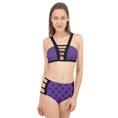 Polka Dots Black On Imperial Purple Cage Up Bikini Set by FashionBoulevard