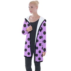Polka Dots Black On Lavender Purple Longline Hooded Cardigan by FashionBoulevard
