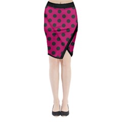 Polka Dots Black On Peacock Pink Midi Wrap Pencil Skirt by FashionBoulevard