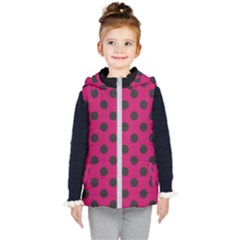 Polka Dots Black On Peacock Pink Kids  Hooded Puffer Vest by FashionBoulevard