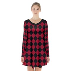 Block Fiesta Black And Carmine Red  Long Sleeve Velvet V-neck Dress by FashionBoulevard