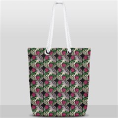 Doily Rose Pattern Black Full Print Rope Handle Tote (small) by snowwhitegirl