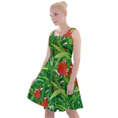 Red Flowers And Green Plants At Outdoor Garden Knee Length Skater Dress by dflcprintsclothing