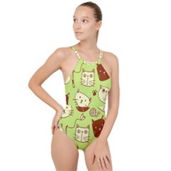 Cute Hand Drawn Cat Seamless Pattern High Neck One Piece Swimsuit by Vaneshart
