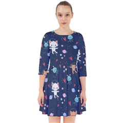 Cute Astronaut Cat With Star Galaxy Elements Seamless Pattern Smock Dress by Vaneshart