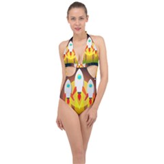 Rocket Take Off Missiles Cosmos Halter Front Plunge Swimsuit by Wegoenart