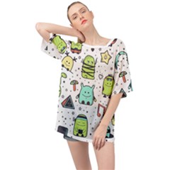 Seamless Pattern With Funny Monsters Cartoon Hand Drawn Characters Colorful Unusual Creatures Oversized Chiffon Top by Nexatart