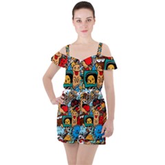 Abstract Grunge Urban Pattern With Monster Character Super Drawing Graffiti Style Ruffle Cut Out Chiffon Playsuit by Nexatart