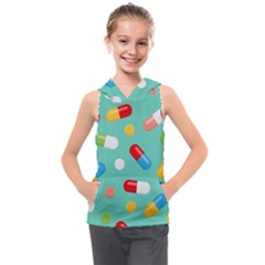 Pills Medicines Seamless Pattern Blue Background Kids  Sleeveless Hoodie by Nexatart