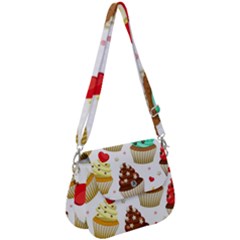 Seamless Pattern Yummy Colored Cupcakes Saddle Handbag by Nexatart