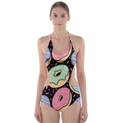 Colorful Donut Seamless Pattern On Black Vector Cut-out One Piece Swimsuit by Sobalvarro