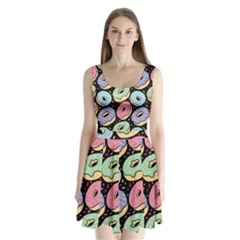 Colorful Donut Seamless Pattern On Black Vector Split Back Mini Dress  by Sobalvarro