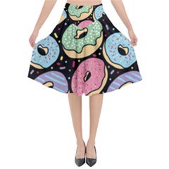 Colorful Donut Seamless Pattern On Black Vector Flared Midi Skirt by Sobalvarro