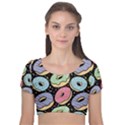 Colorful Donut Seamless Pattern On Black Vector Velvet Short Sleeve Crop Top  View1