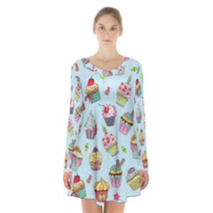 Cupcake Doodle Pattern Long Sleeve Velvet V-neck Dress by Sobalvarro