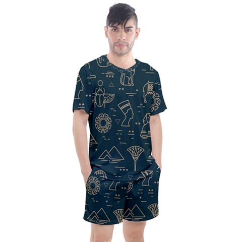 Dark Seamless Pattern Symbols Landmarks Signs Egypt Men s Mesh Tee And Shorts Set by Wegoenart