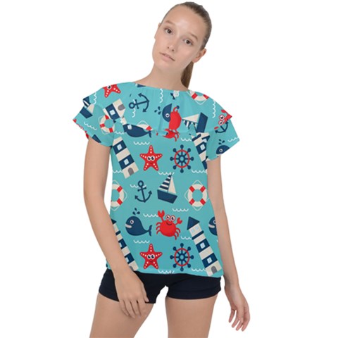 Seamless Pattern Nautical Icons Cartoon Style Ruffle Collar Chiffon Blouse by Wegoenart
