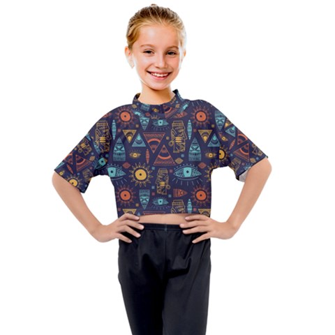 Trendy African Maya Seamless Pattern With Doodle Hand Drawn Ancient Objects Kids Mock Neck Tee by Wegoenart