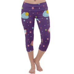 Space Travels Seamless Pattern Vector Cartoon Capri Yoga Leggings by Vaneshart