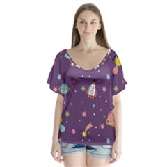 Space Travels Seamless Pattern Vector Cartoon V-neck Flutter Sleeve Top by Vaneshart