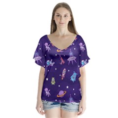 Space Seamless Pattern V-neck Flutter Sleeve Top by Vaneshart