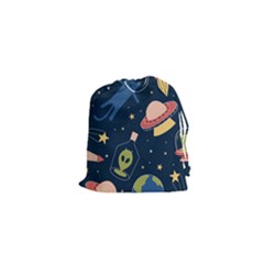 Seamless Pattern With Funny Aliens Cat Galaxy Drawstring Pouch (xs) by Vaneshart