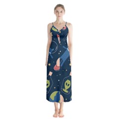 Seamless Pattern With Funny Aliens Cat Galaxy Button Up Chiffon Maxi Dress by Vaneshart