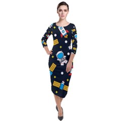 Seamless Adventure Space Vector Pattern Background Quarter Sleeve Midi Velour Bodycon Dress by Vaneshart