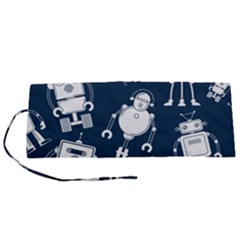 White Robot Blue Seamless Pattern Roll Up Canvas Pencil Holder (s) by Vaneshart