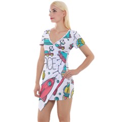 Space Cosmos Seamless Pattern Seamless Pattern Doodle Style Short Sleeve Asymmetric Mini Dress by Vaneshart