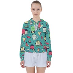 Seamless Pattern With Funny Monsters Cartoon Hand Drawn Characters Unusual Creatures Women s Tie Up Sweat by Vaneshart