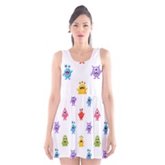 Seamless Pattern Cute Funny Monster Cartoon Isolated White Background Scoop Neck Skater Dress by Vaneshart