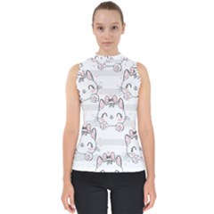 Cat With Bow Pattern Mock Neck Shell Top by Vaneshart