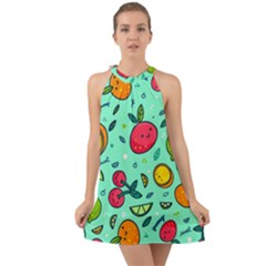 Various Fruits With Faces Seamless Pattern Halter Tie Back Chiffon Dress by Vaneshart