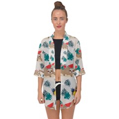 Cute Lazy Sloth Summer Fruit Seamless Pattern Open Front Chiffon Kimono by Vaneshart