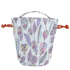 Vector Illustration Seamless Multicolored Pattern Feathers Birds Drawstring Bucket Bag by Vaneshart