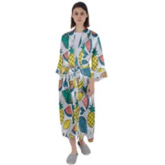 Seamless Pattern Tropical Fruit Banana Watermelon Papaya Lemon Orange Monstera Maxi Satin Kimono by Vaneshart