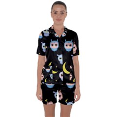 Cute Owl Doodles With Moon Star Seamless Pattern Satin Short Sleeve Pyjamas Set by Vaneshart
