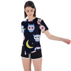 Cute Owl Doodles With Moon Star Seamless Pattern Asymmetrical Short Sleeve Sports Tee by Vaneshart