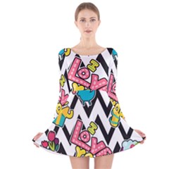 Vector Romantic Love Seamless Pattern Long Sleeve Velvet Skater Dress by Vaneshart